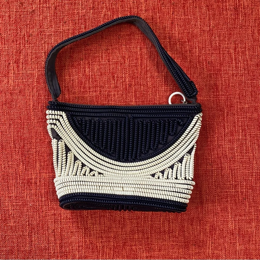 VTG 40’s Black Navy White Stripes Telephone Cord Wire Bag Purse